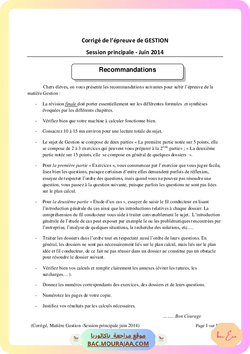 Corrigé principale gestion Bac 2014 – Section eco